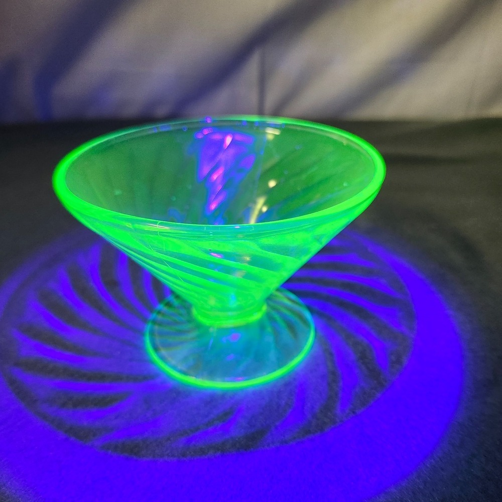 Vintage Green Uranium Vaseline Depression Glass Sherbet Dish Glows Beautifully